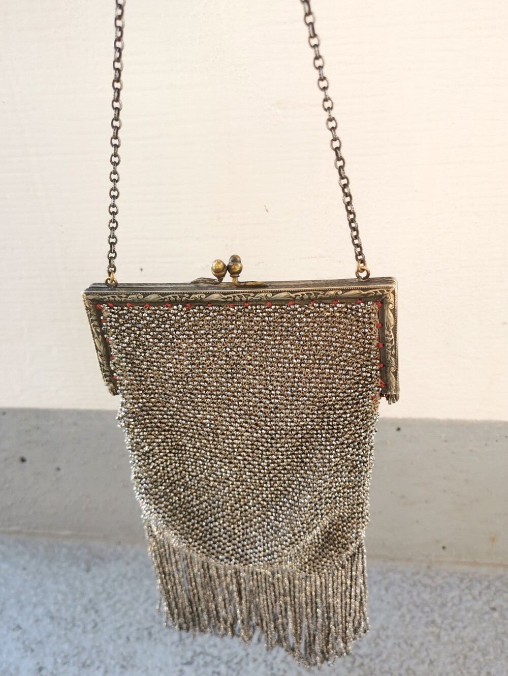Antique 1920s Art Deco Silver Mesh Evening Bag Kiss Lock